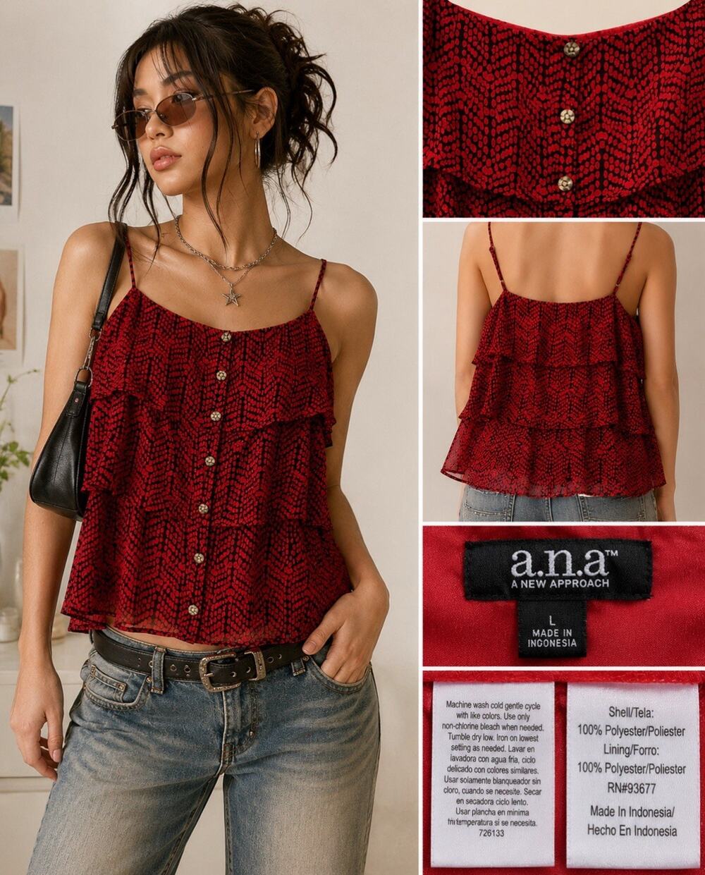 Y2K Boho a.n.a Tiered Ruffle Button Cami Size L Red Black Print Dark Romance